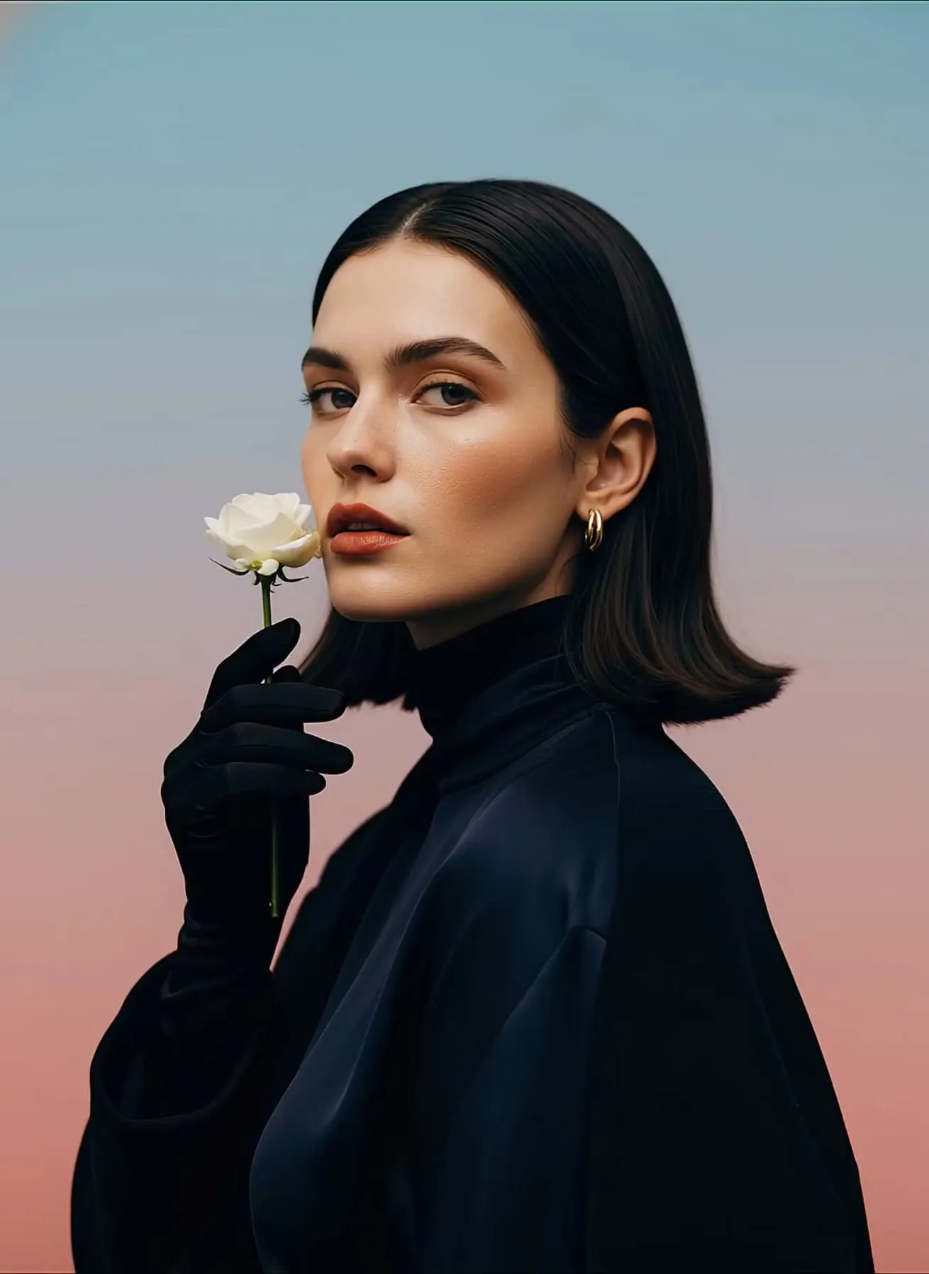A woman in a black turtleneck holding a white rose