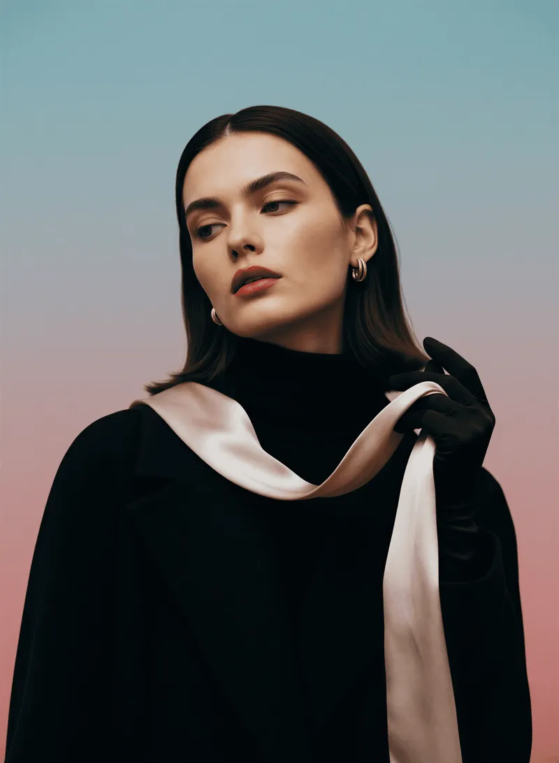A woman in a black coat with a pale silk scarf, looking away