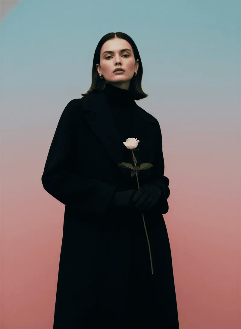 A woman in black standing calmly with a single white rose